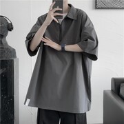 pureピュア衬衫男短袖夏季大码半拉链工装上衣，高级设计感小众衬衣