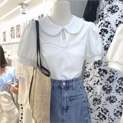2022夏季韩版chic气质减龄镶边，珍珠娃娃领泡泡，袖套头显瘦衬衫