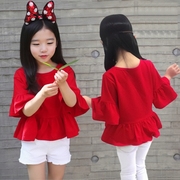 女童韩版纯棉短袖t恤红色中袖娃娃，衫宽松女孩时尚洋气宽松上衣夏
