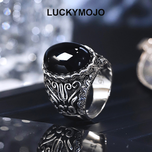 S925纯银大气复古黑玛瑙宝石戒指男士高级感指环小众设计食指戒女