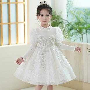 女童连衣裙白色秋冬装洋气礼服，冬季小女孩公主，裙蓬蓬纱儿童裙子潮