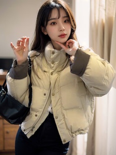 撞色拼接棉服女2024年冬季时尚，韩版小个子加厚立领，保暖外套潮