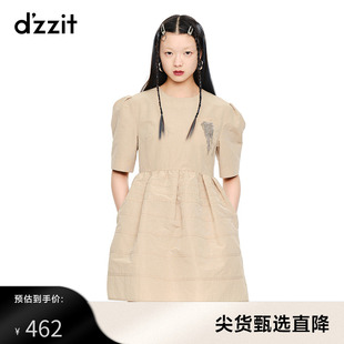 dzzit地素春秋法式复古蓬蓬袖圆领装饰连衣裙