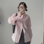 自制藕粉色中式盘扣长袖衬衫，女甜美日系学生国潮风设计感小众上衣