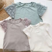 90-150日系女童有机纯棉三色字母拼网纱袖短袖T恤