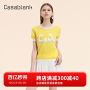 casablank夏针织衫薄款女甜美别致印花镂空时尚黄色短袖毛衣