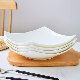 景德镇餐具盘子纯白色陶瓷沙拉盘家用意面方盘骨瓷菜碟子翘角盘