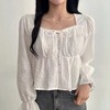 韩国chic设计感系带方领泡泡袖纯色肌理短款娃娃，衫长袖雪纺衬衫女