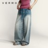 vermo“踩烂裤脚”男女同款复古水洗立体猫须低裆阔腿牛仔裤