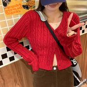 韩国chic复古红色麻花针织毛衣开衫女秋冬短款单排扣V领外套上衣