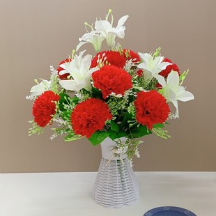 仿真康乃馨百合花束，套装假花单支客厅装饰花，绢花餐桌摆件花卉
