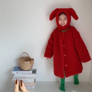 韩国童装2022冬季女童棉衣毛毛，外套夹棉大红色，兔耳朵带帽年服