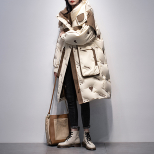 米白色羽绒服女中长款2023年冬季韩版连帽时尚白鸭绒(白鸭绒)加厚外套