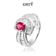 GSTV海洋之心系列 铂金天然红宝石镶嵌钻石戒指 女复古风气质钻戒