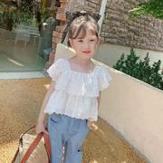 女童套装2023韩版儿童洋气蕾丝衬衫牛仔长裤女宝时髦两件套潮