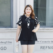 夏装薄款短袖大码女装胖韩版系带拼接五分袖上衣紧身型运动T恤