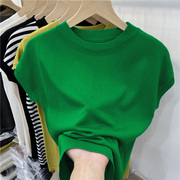 绿色短袖针织t恤女春夏薄款修身显瘦洋气减龄半高领打底冰丝上衣