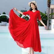 2024夏季沙滩长裙，红色雪纺连衣裙，女长款大摆显瘦超长裙子仙女