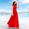 2023夏季大红色复古V领雪纺连衣裙短袖大摆长裙子海边度假裙