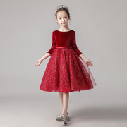 女童公主裙红色冬款花童礼服儿童钢琴演出服演奏主持人秋冬