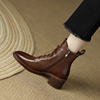 法式复古系带切尔西短靴女欧美棕色马丁靴，英伦风真皮中跟粗跟尖头