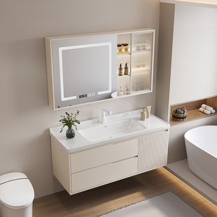 奶油风橡木烤漆智能浴室柜镜柜组合卫生间陶瓷洗脸池洗漱台