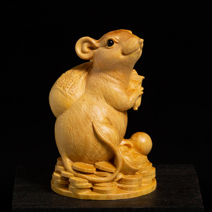 黄杨木雕文玩手把件创意可爱元宝，生肖鼠雕刻手工艺品实木老鼠摆件