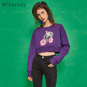 micartsy王紫珊艺术印花手工，瓶贴紫色卫，衣女短款露脐长袖时尚原创