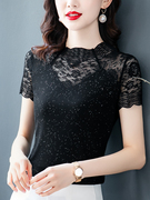韩版短袖上衣女黑色夏季修身显瘦蕾丝衫螺纹亮片t恤洋气小衫