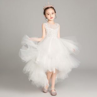 公主裙女童，高端2023儿童白色晚礼服洋气，主持人钢琴演奏演出服