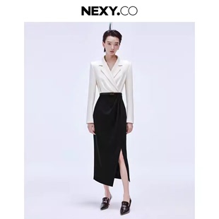 nexy.co奈蔻2024年春季气质，商务黑白拼接连衣裙女xf05196