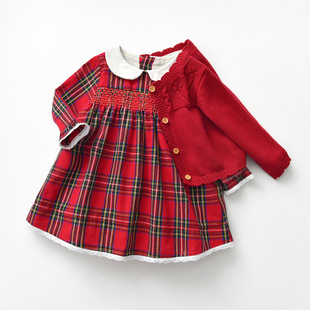 一周岁女孩衣服红色格子连衣裙，秋季婴幼儿公主裙，长袖女宝宝秋装潮