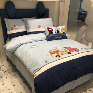 男孩四件套全棉卡通刺绣高端儿童房床上用品纯棉单人床单被套