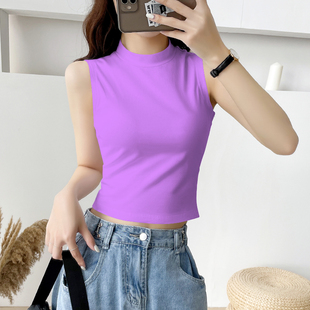 紫色半高领无袖t恤背心女夏外穿纯棉内搭短款露脐紧身打底上衣潮