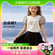 迪士尼女童甜美泡泡袖短袖T恤2024夏季儿童时尚半袖上衣童装