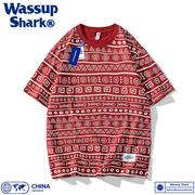 Wassup Shark潮牌重磅休闲纯棉短袖T恤男夏民族风设计感小众上衣