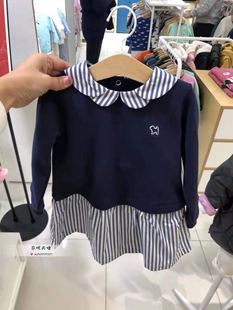 韩国BD童装 秋季女童宝宝藏蓝色纯棉花瓣领拼接条纹连衣裙