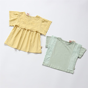 内单夏季女童甜美镂空刺绣纯棉娃娃，衬衣圆领短袖t恤