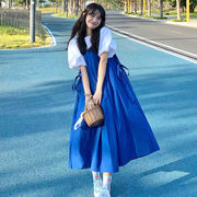 复古蓝色背带连衣裙女装夏季设计感森系，吊带长裙2023学生裙子