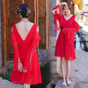 2024女红色气质女神范衣服(范，衣服)连衣裙雪纺云南度假连衣裙沙滩裙