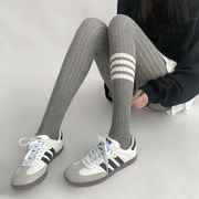 夜间教习室灰色连裤袜，秋冬条纹运动长筒袜不掉档jk袜子白色打底裤