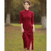红色旗袍敬酒服秋冬季长袖新娘，结婚蕾丝改良年轻款订婚礼服连衣裙