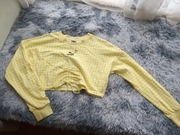 库存短款卫衣女运动服黄色格纹长袖套头衫圈圈棉，胸围110衣长36