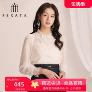 商场同款fexata斐格思蕾丝，衫2023秋植绒，花朵网纱蝴蝶结衬衫