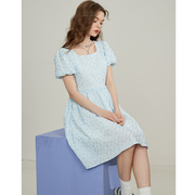 库恩玛维法式方领短袖连衣裙女2023年夏季奶蓝色气质高腰中裙