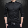 黑色立领衬衫男长袖薄款商务休闲纯色中山领寸衣个性纯棉短袖衬衣