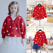roanjane高端设计师女童红色爱心针织衫韩国秋季针织外套