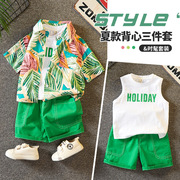 男童夏季套装2024港风儿童花衬衫表演服男孩短袖沙滩度假炸街