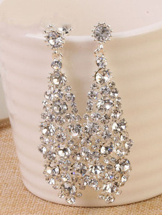 c6欧美夸张长款耳环，奢华女式新娘，镶钻耳夹结婚宴会礼服婚纱