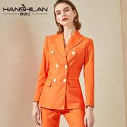2021年秋季高端时尚职业套装橘色气质长袖双排扣西装戗勃领套裤